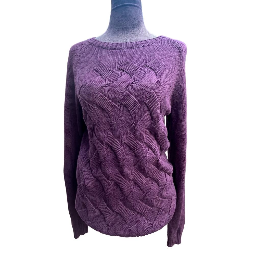 Lands' End Drifter Cable Knit Sweater Crew Neck Cotton Plum Sz M